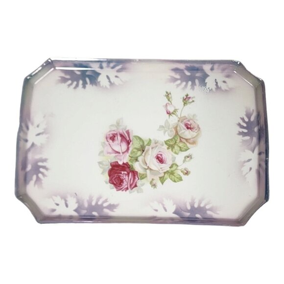 German Lusterware Floral Jewelry Tray 10" Pink Roses Dresser Top Victorian Flora - Picture 2 of 7
